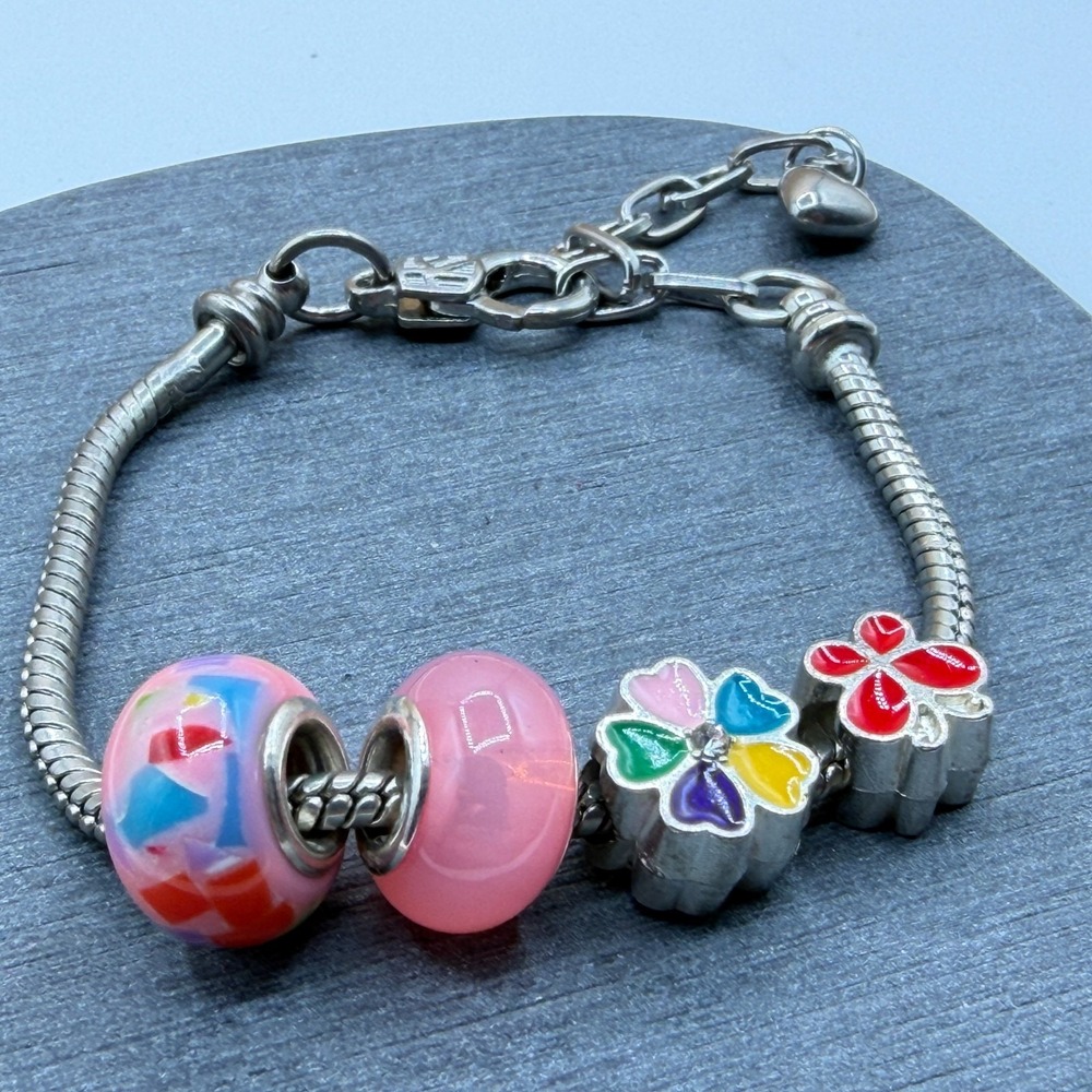 Silver Tone Pink Glass Bead Enamel Flower Butterfly Charm European Bracelet